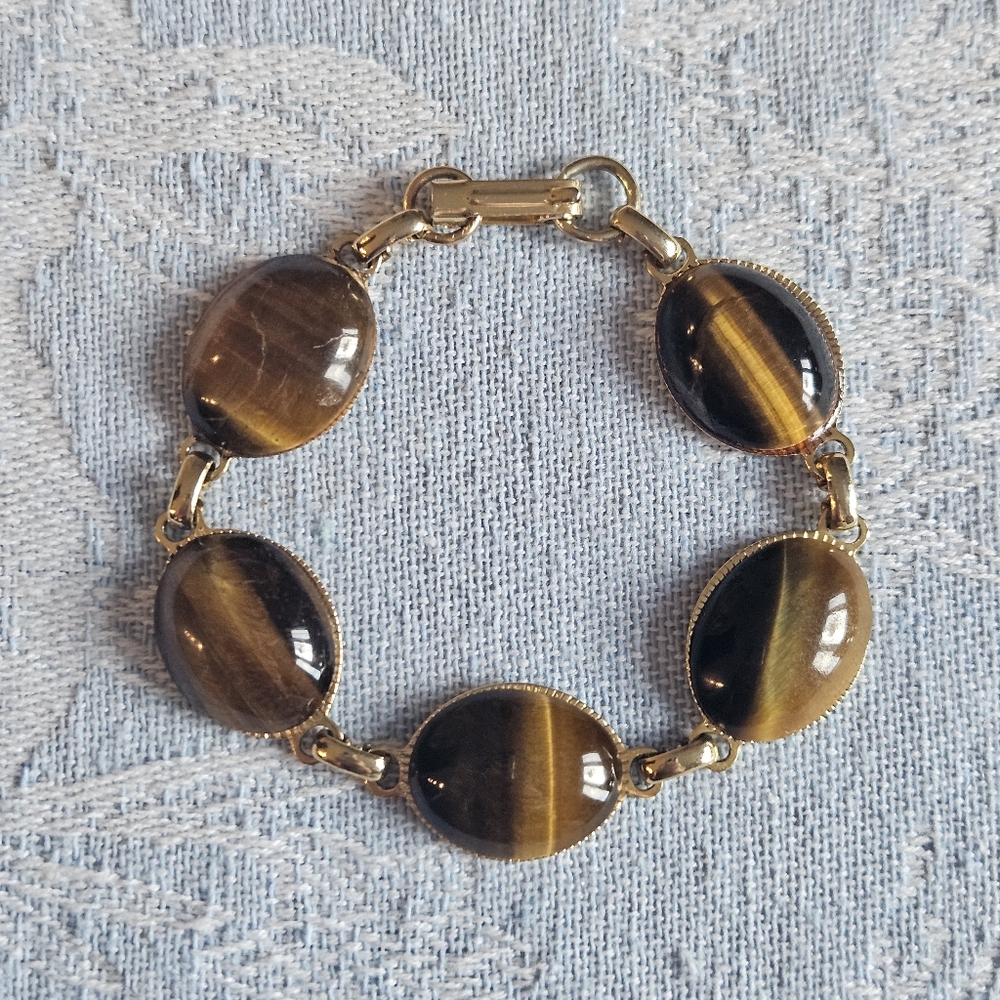 Vintage Tigers Eye Gemstone Link Bracelet Goldtone Crystal Stone